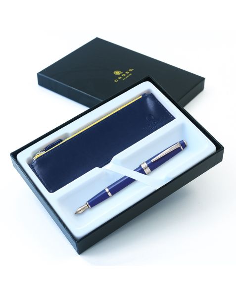 Cross Bailey Light Fountain Pen - Blue - Fine (F) Nib (Stainless Steel) - Luxury Gift Box & Accessory Pen Case