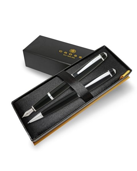 Cross Pen Set Fountain Pen & Ballpoint Pen Calais - Matte Black Lacquer - Medium Nib  