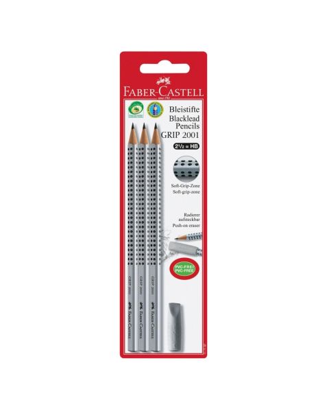 Faber-Castell Pencil Grip 2001 Pack (3) + Eraser 117197 HB