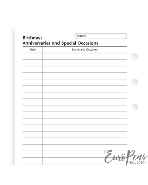 Filofax Pocket Birthdays, Anniversaries And Special Occasions 