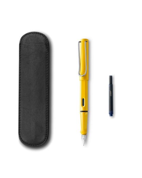 LAMY Safari Fountain Pen - F - Yellow (018) + Black Leather Pen Case