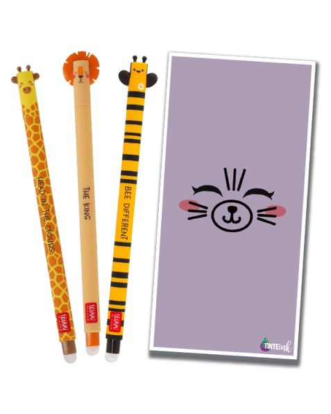 Legami Erasable Gel Pen - 0.7mm - Giraffe, Lion & Bee with Purple Tinte Ink Envelope