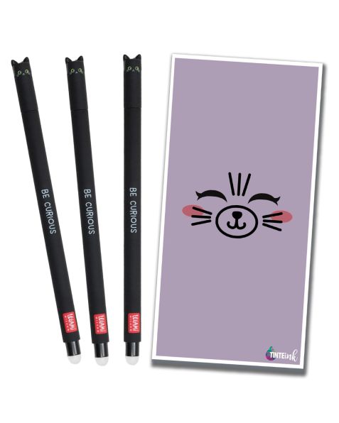 Legami Erasable Gel Pen - 0.7mm - x3 Cats with Single Purple Tinte Ink Envelope