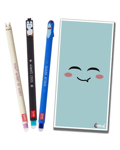 Legami Erasable Gel Pen - 0.7mm - Bunny, Shark & Penguin with Single Blue Tinte Ink Envelope