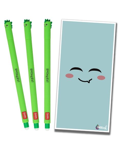 Legami Erasable Gel Pen - 0.7mm - x3 Dinosaurs with Single Blue Tinte Ink Envelope