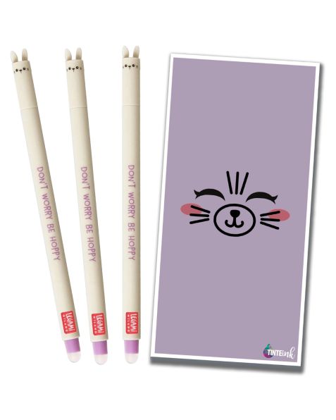 Legami Erasable Gel Pen - 0.7mm - x3 Bunnys with Single Purple Tinte Ink Envelope