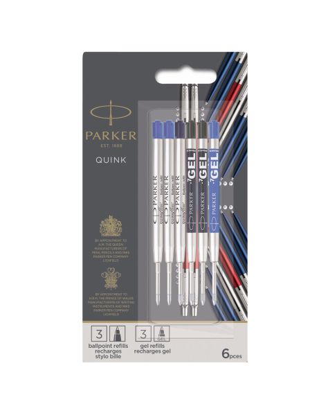 Parker Ballpoint refill Pack - 3 Ballpoint / 3 Gel refills - Mix of blue and Black.